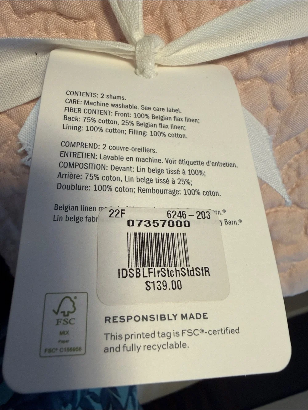 Pottery Barn Belgian Flax Linen Quilted Standard Shams Set/2 Pale Pink